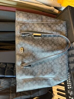 Coach Gray Signature Tote with Turn-Lock Detail